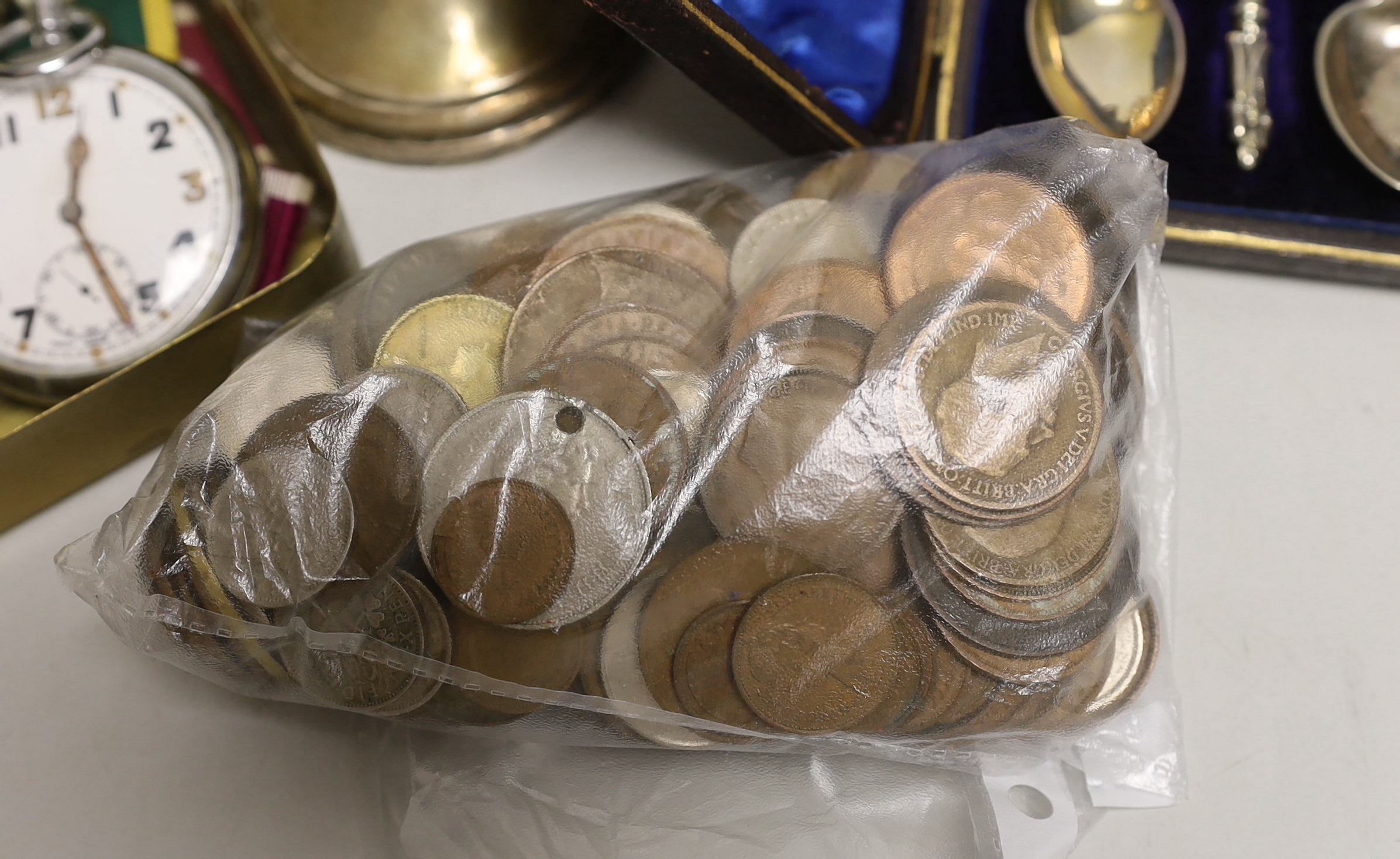 A Princess Mary 1914 Christmas tin, a defence medal, silver vase, coins and sundries